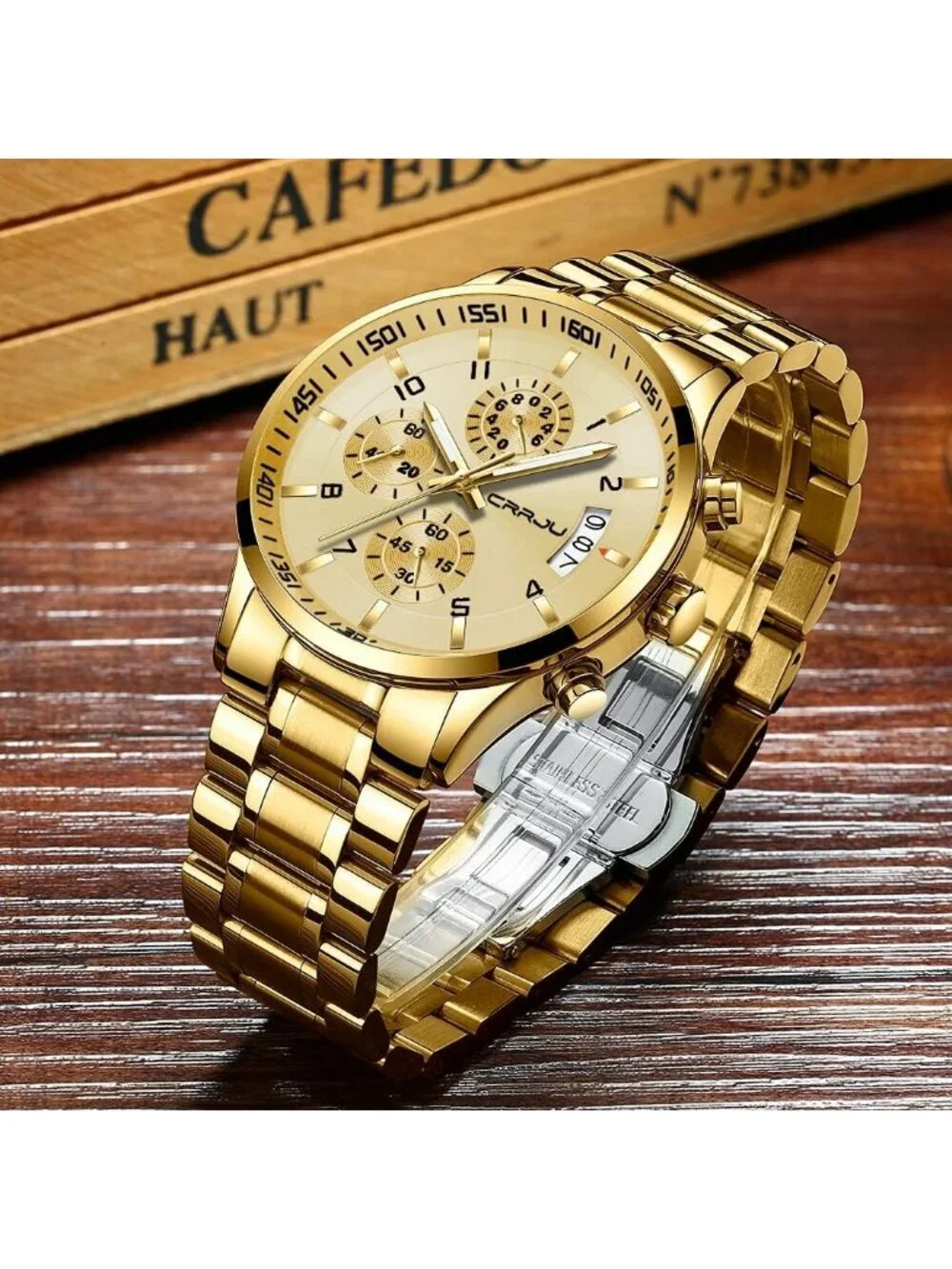 Men's Gold Analog Quartz Stainless Steel Waterproof Chronograph Wrist Watch